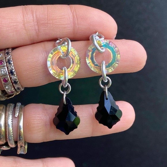 Iridescent rainbow Swarovski circle charms with black austrian crystals earrings - Picture 8 of 12